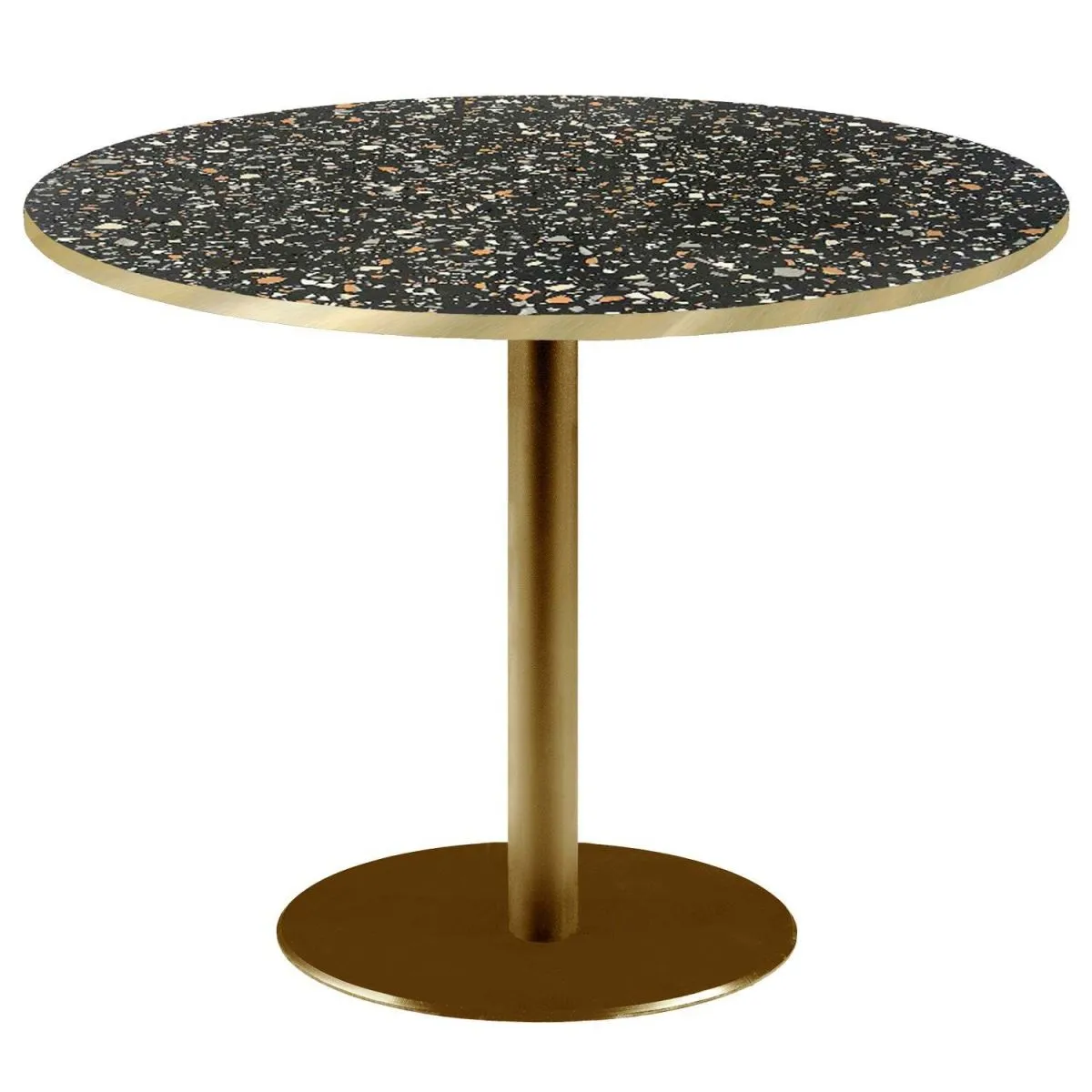 RestooTab Tavolo Roma XL rotondo base dorato - laminato pietra & canti ottone; 75x120 cm (HxØ); nero/terazzo/ottone; rotonda