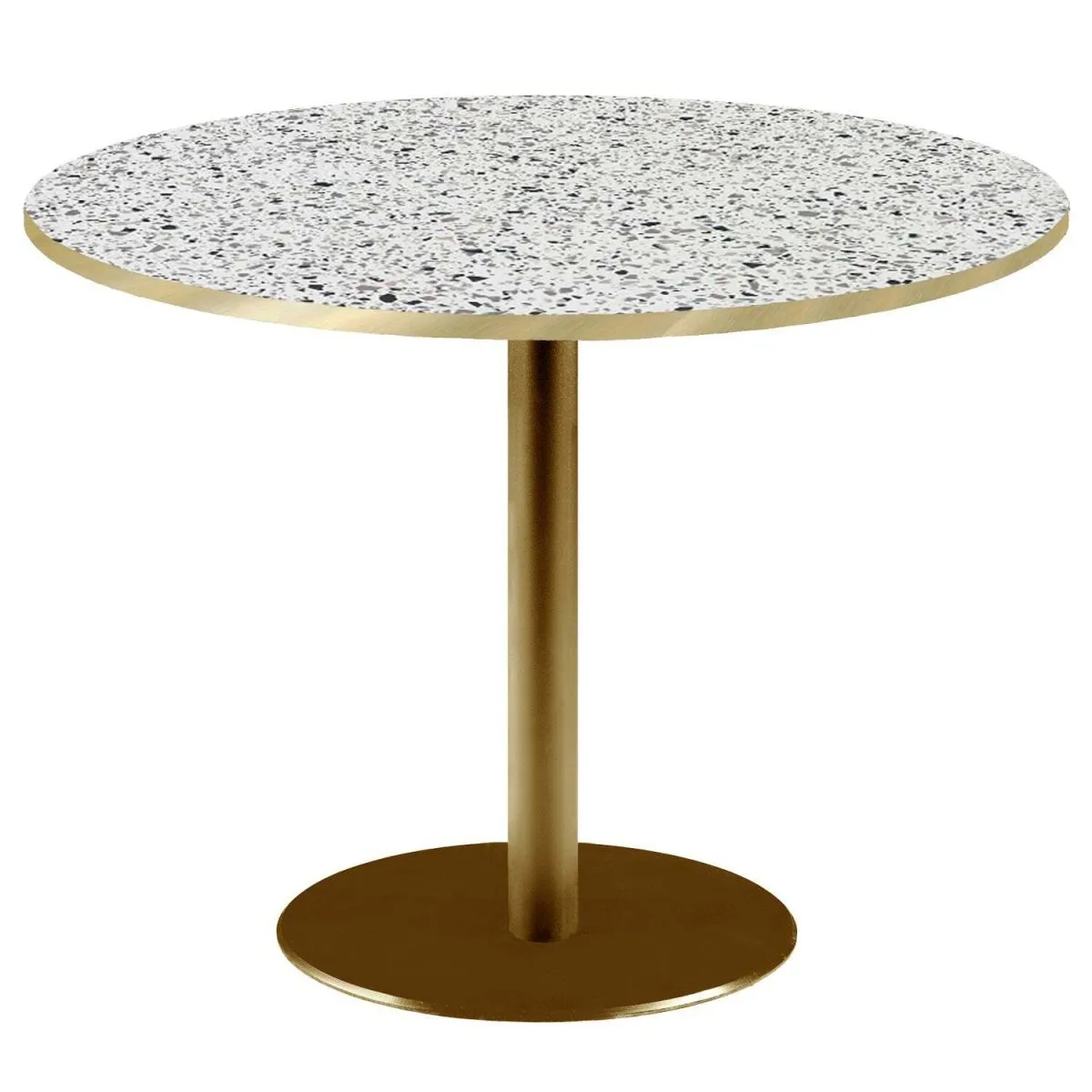 RestooTab Tavolo Roma XL rotondo base dorato - laminato pietra & canti ottone; 75x120 cm (HxØ); bianco/terazzo/ottone; rotonda
