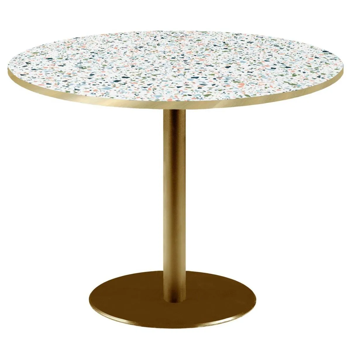 RestooTab Tavolo Roma XL rotondo base dorato - laminato pietra & canti ottone; 75x120 cm (HxØ); multicolore/terazzo/ottone; rotonda