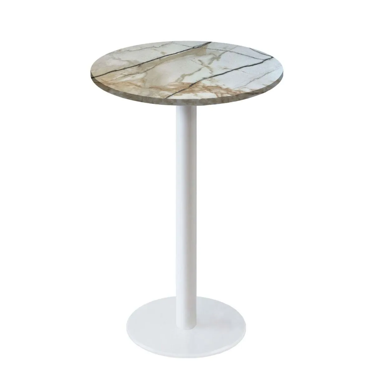 RestooTab Tavolo alto Roma rotondo base bianco - laminato legno & pietra; 113x60 cm (HxØ); bianco lana/grigio/marmorizzato; rotonda