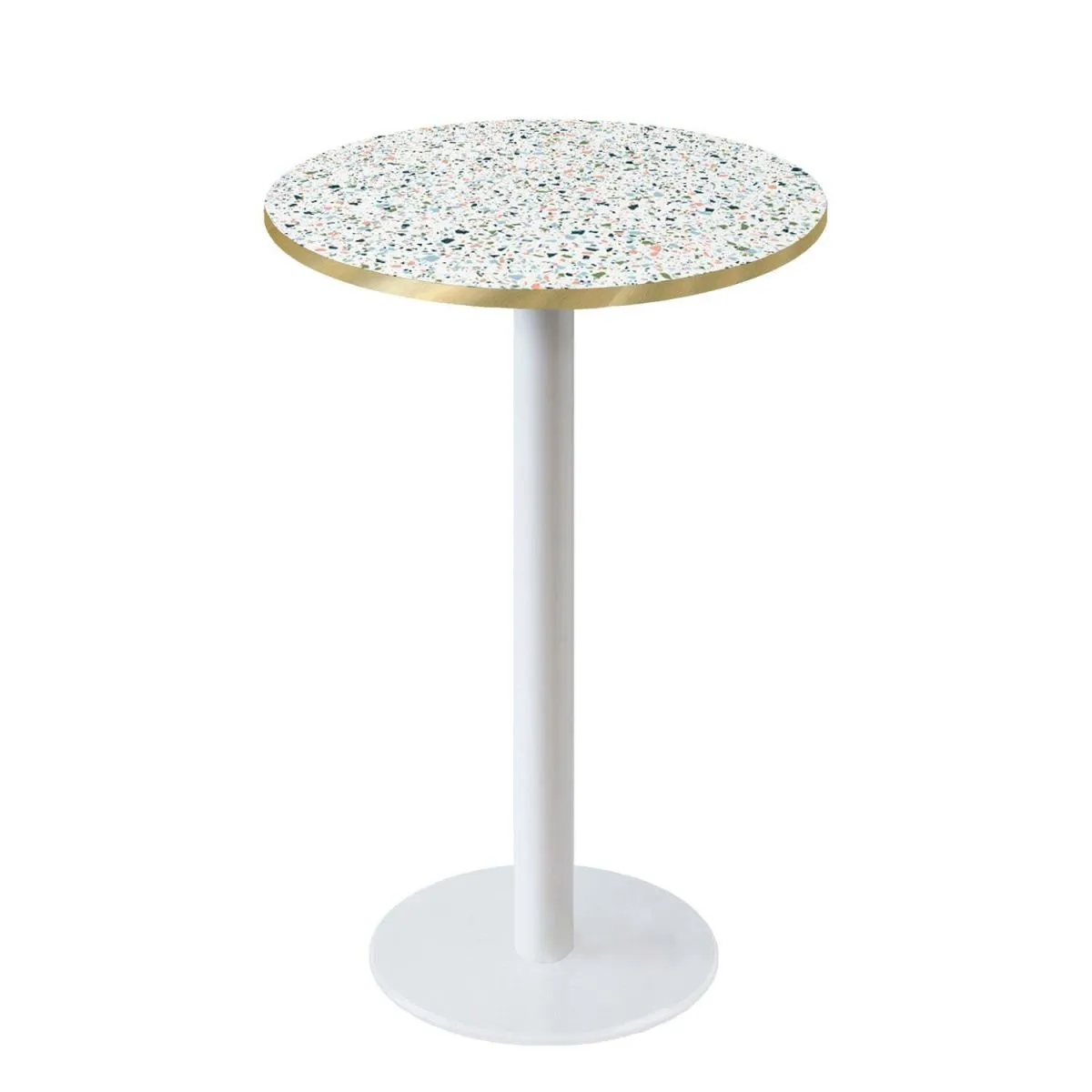RestooTab Tavolo alto Roma rotondo base bianco - laminato legno & pietra; 113x60 cm (HxØ); multicolore/terazzo/ottone; rotonda