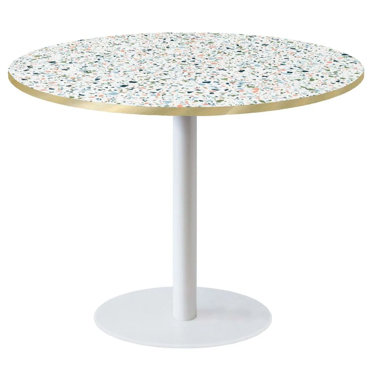 RestooTab Tavolo Roma XL rotondo base bianco - laminato legno & pietra; 75x120 cm (HxØ); multicolore/terazzo/ottone; rotonda