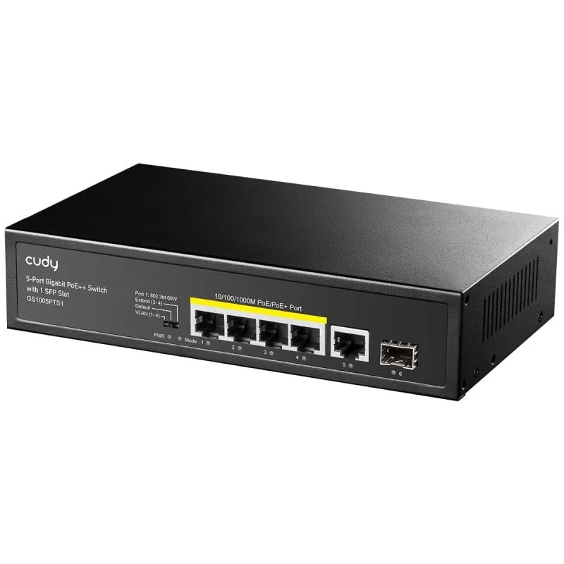 Switch Gigabit Cudy 5 porte RJ-45, 1 SFP, PoE+ 120 W, montaggio su rack, metallo, senza ventola