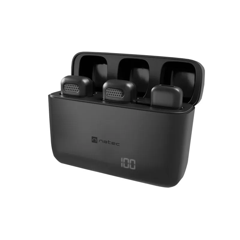 Microfono lavalier wireless Natec 48 kHz con riduzione del rumore e custodia per il trasporto