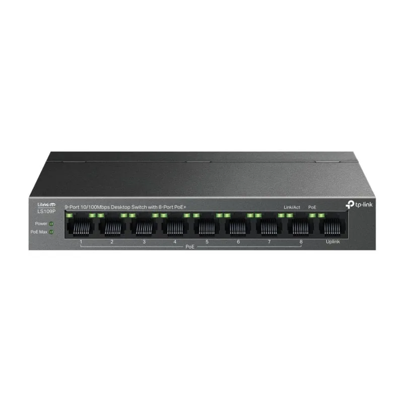 Switch Fast Ethernet TP-Link a 9 porte 8 PoE+ 73,24 W senza ventola QoS a parete