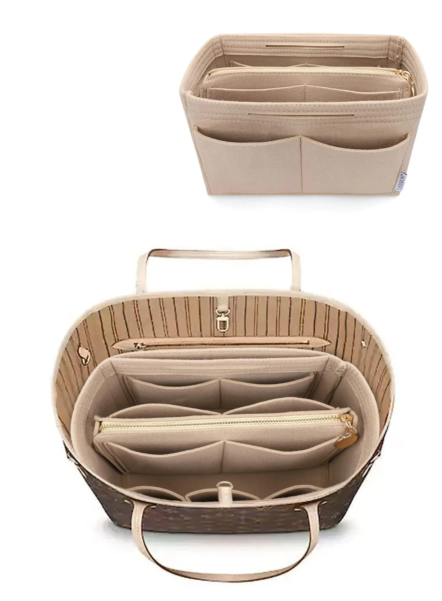 LEXSION Inserto organizer per borsa in feltro con cerniera, borsa tote Shaper Fit Speedy Neverful PM MM, 1-beige, M