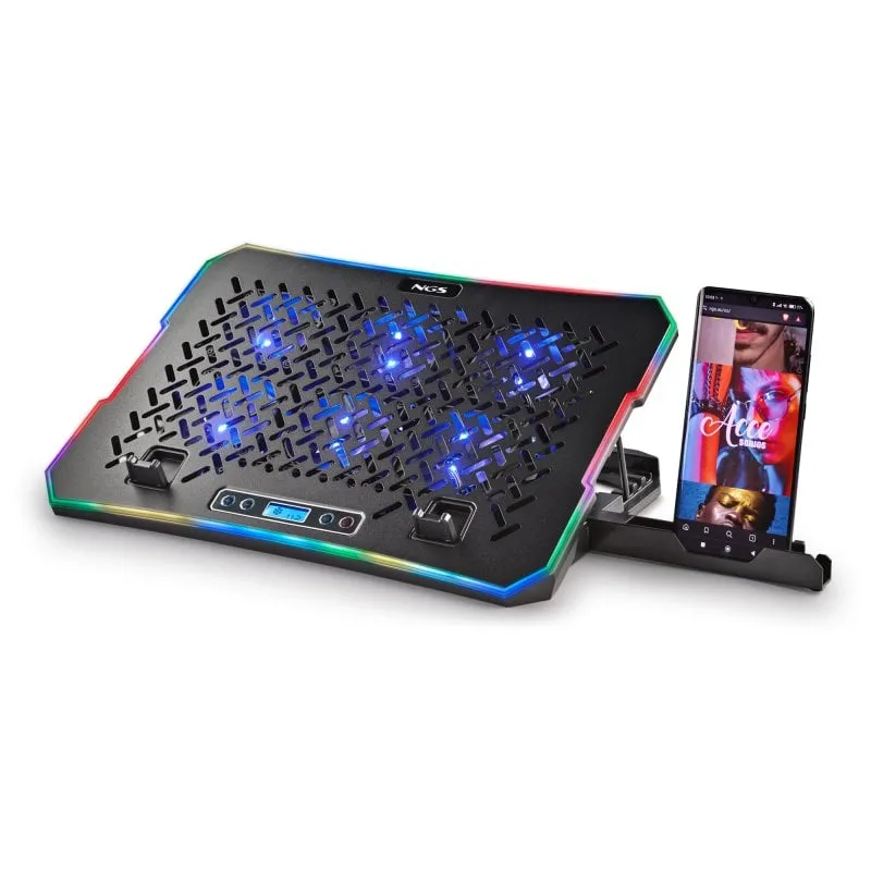 Base di raffreddamento NGS con 6 ventole 2400rpm RGB, supporto per smartphone a 4 altezze