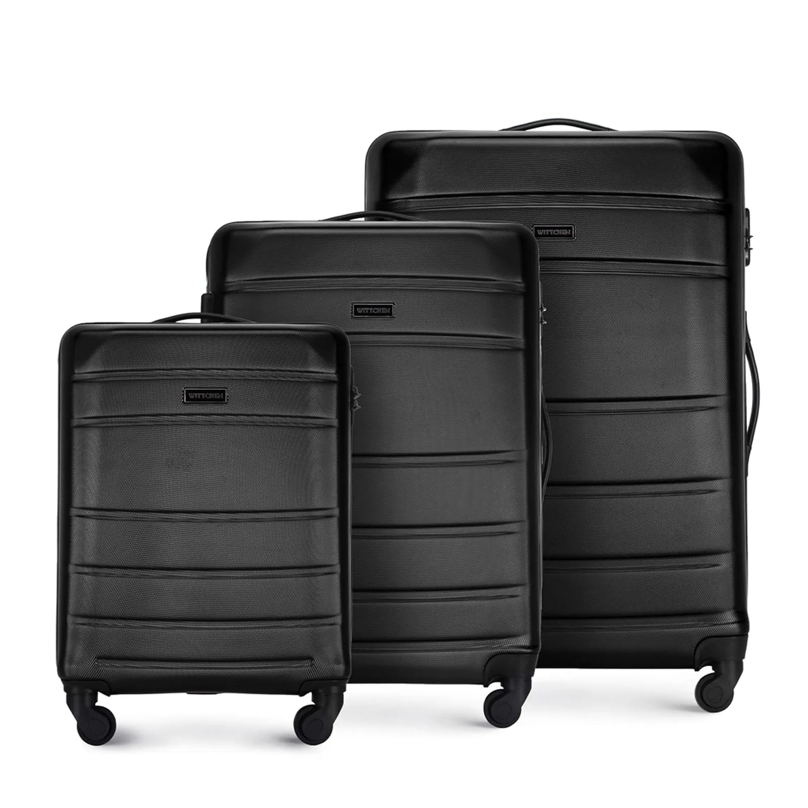 WITTCHEN valigia da viaggio set di 3 valigie trolley bagaglio a mano valigia a rotelle in ABS con 4 ruote spinner chiusura a combinazione maniglia telescopica Globe Line Nero Ryanair/ITA Airways