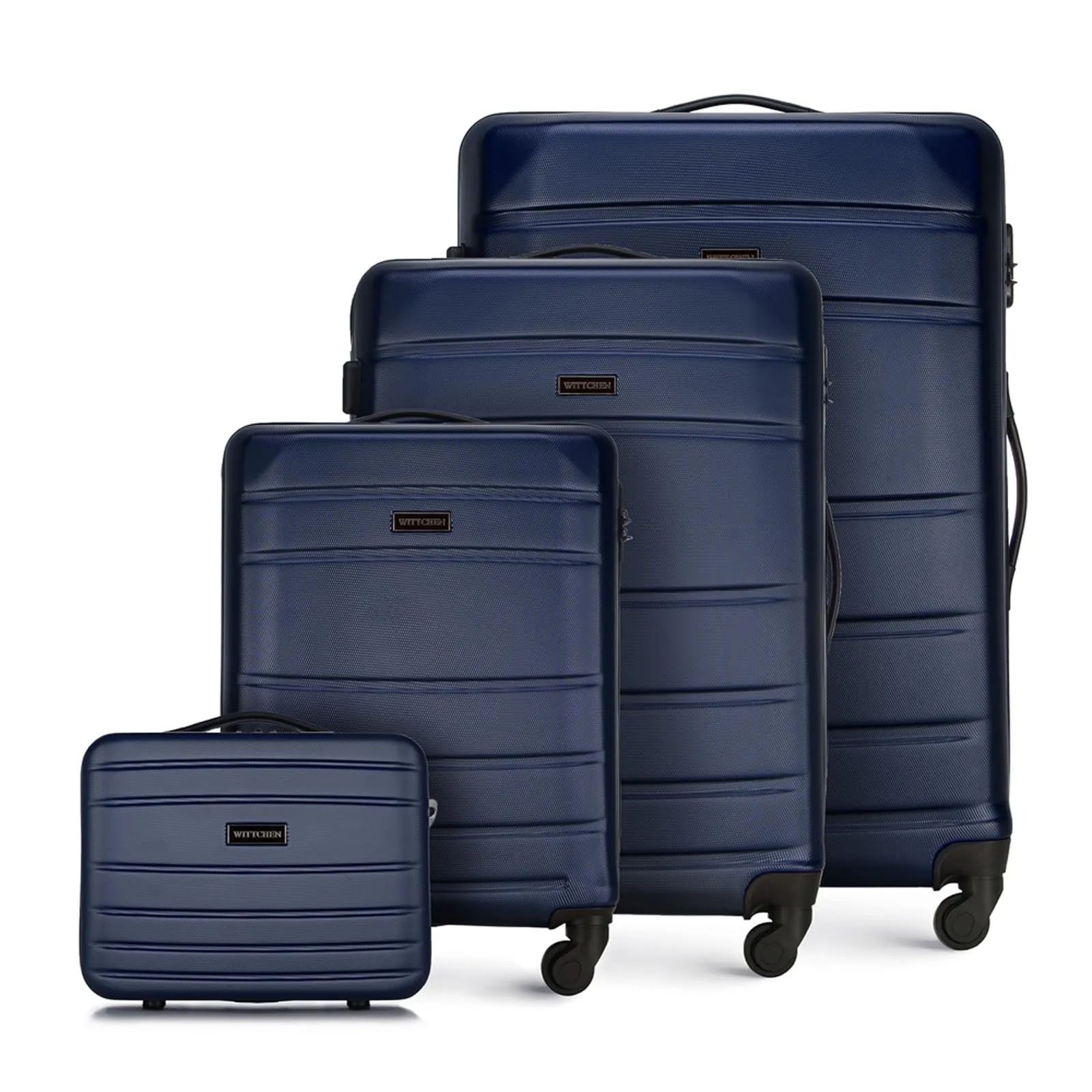 WITTCHEN set di 4 valigie con custodia per cosmetici trolley bagaglio a mano in ABS con 4 ruote spinner chiusura a combinazione maniglia telescopica Globe Line Blu Navy Ryanair/ITA Airways