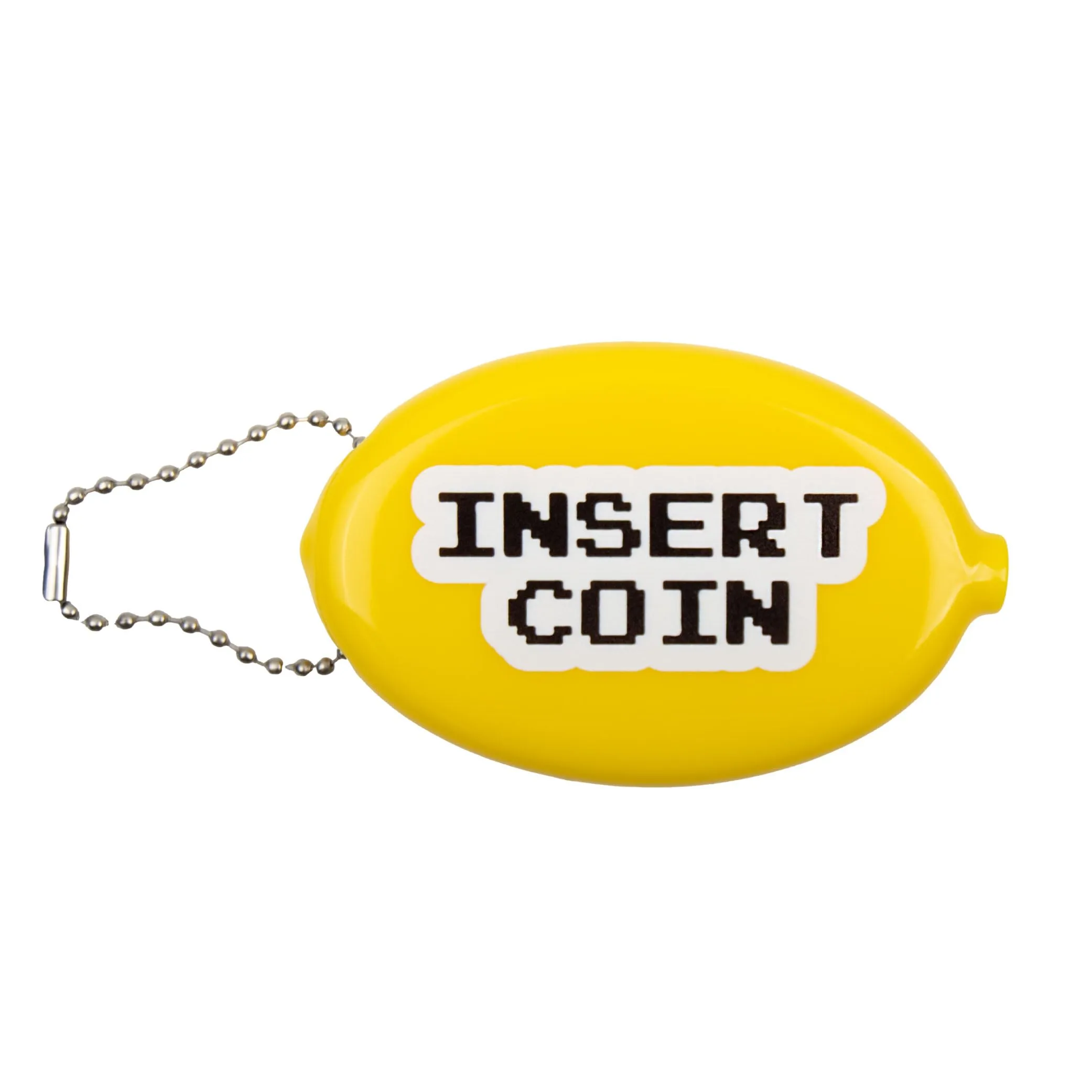 Fisura – Portamonete ovale in gomma “Insert coin” giallo. Portamonete retrò con catenella, portafoglio da tasca per tutti i giorni, idea regalo unisex. 1 pezzo.