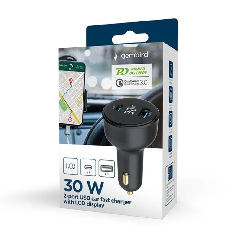 Caricatore Auto Gembird TA-UC-AC2PD30LCD-CAR-01 30W USB-C PD USB-A QC 3.0 Nero
