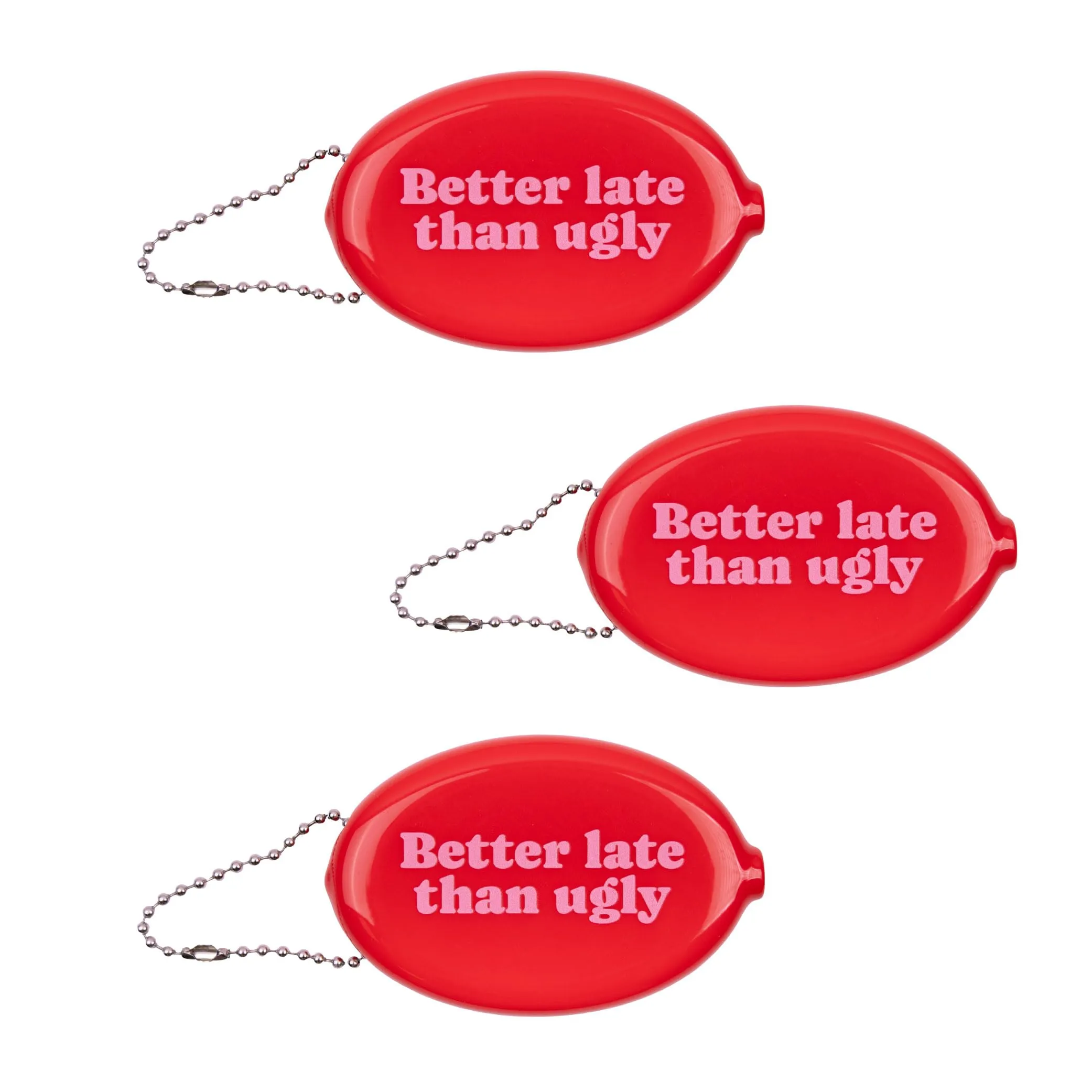 Fisura – Portamonete ovale in gomma “Better late” rosa. Portamonete retrò con catenella, mini portafoglio da tasca unisex, idea regalo originale. 3 pezzi.