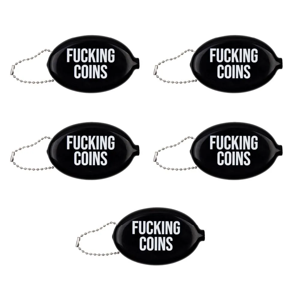 Fisura – Portamonete ovale in gomma “F*cking coins” nero. Portamonete retrò con catenella, mini portafoglio da tasca unisex, idea regalo originale. 5 pezzi.