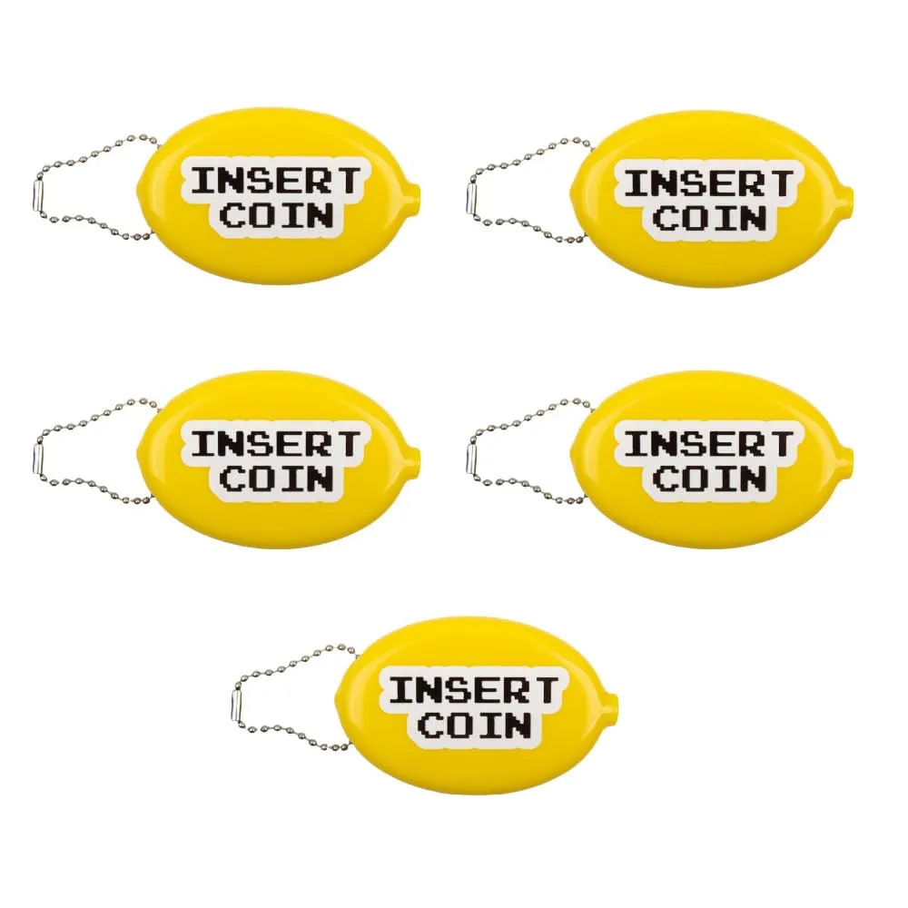 Fisura – Portamonete ovale in gomma “Insert coin” giallo. Portamonete retrò con catenella, portafoglio da tasca per tutti i giorni, idea regalo unisex. 5 pezzi.