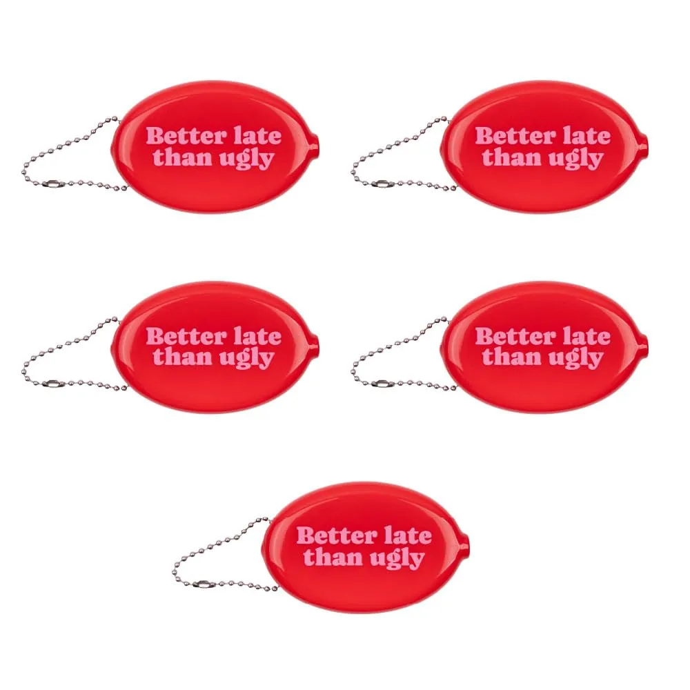 Fisura – Portamonete ovale in gomma “Better late” rosa. Portamonete retrò con catenella, mini portafoglio da tasca unisex, idea regalo originale. 5 pezzi.