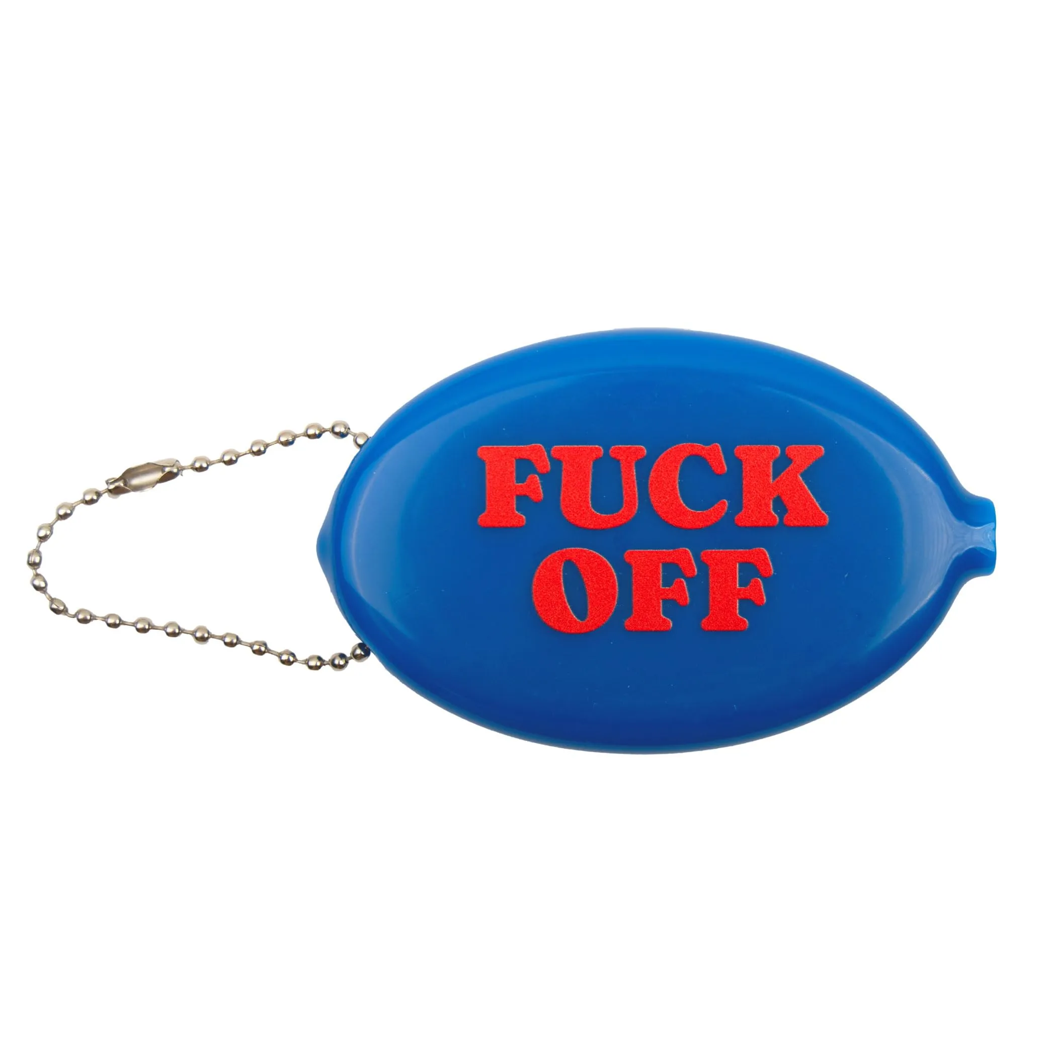 Fisura – Portamonete ovale in gomma “F*ck off” blu scuro. Portamonete retrò con catenella, portafoglio compatto da tasca unisex, regalo divertente e originale. 1 pezzo.