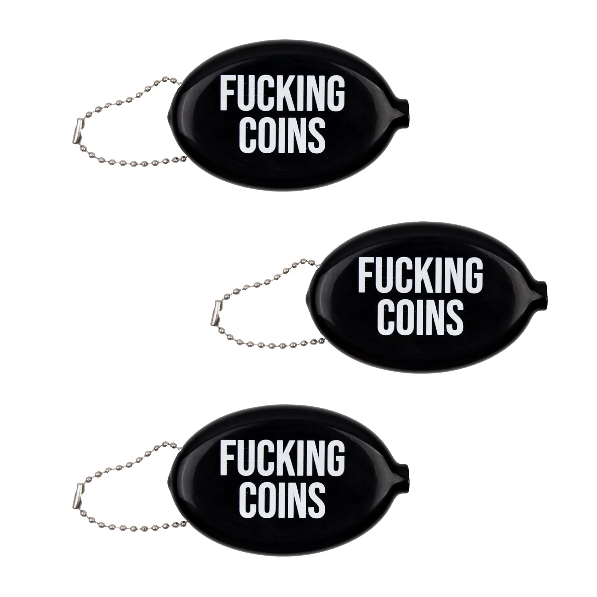 Fisura – Portamonete ovale in gomma “F*cking coins” nero. Portamonete retrò con catenella, mini portafoglio da tasca unisex, idea regalo originale. 3 pezzi.