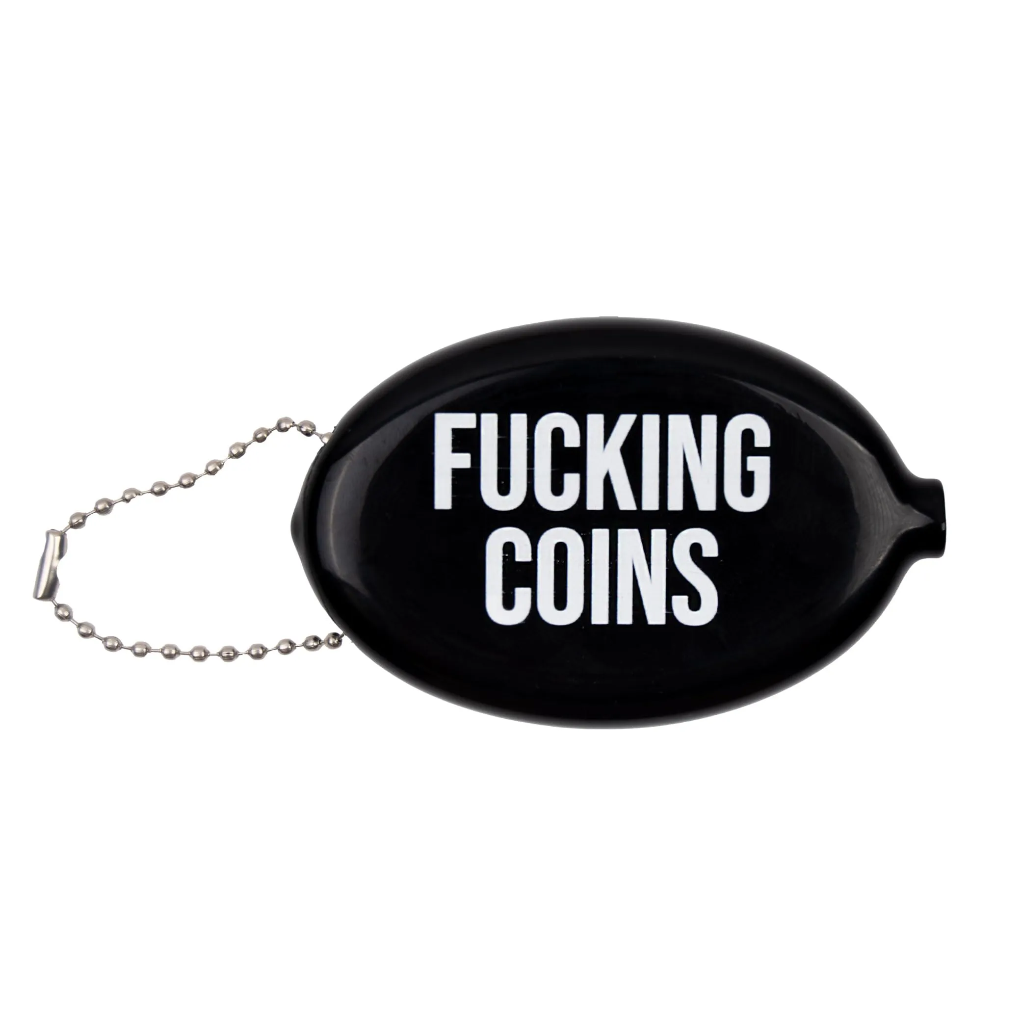 Fisura – Portamonete ovale in gomma “F*cking coins” nero. Portamonete retrò con catenella, mini portafoglio da tasca unisex, idea regalo originale. 1 pezzo.