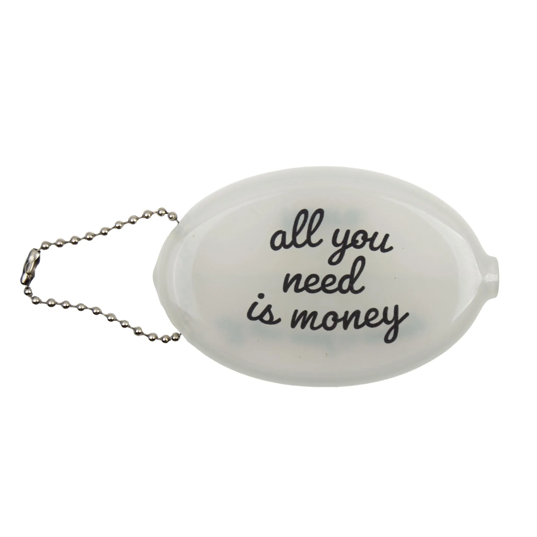 Fisura – Portamonete ovale in gomma “All you need” bianco. Portamonete retrò con catenella, mini portafoglio da tasca unisex, idea regalo originale. 1 pezzo.