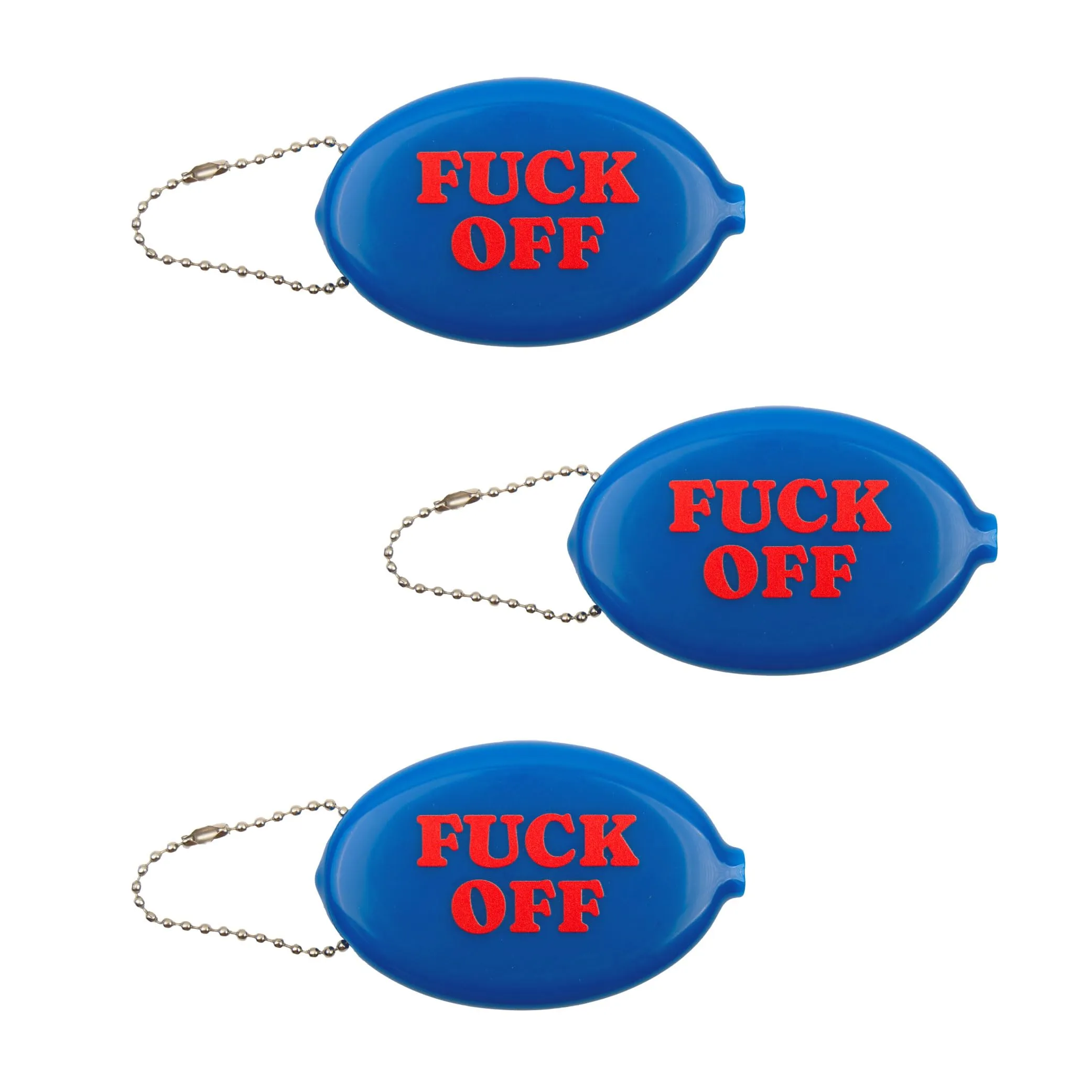 Fisura – Portamonete ovale in gomma “F*ck off” blu scuro. Portamonete retrò con catenella, portafoglio compatto da tasca unisex, regalo divertente e originale. 3 pezzi.