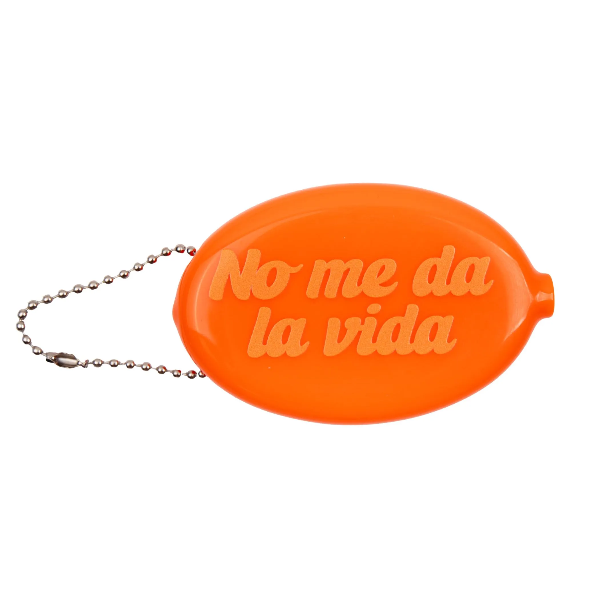 Fisura – Portamonete ovale in gomma “No me da la vida” arancione. Portamonete retrò con catena, mini portafoglio da tasca unisex, regalo originale per ogni occasione. 1 pezzo.