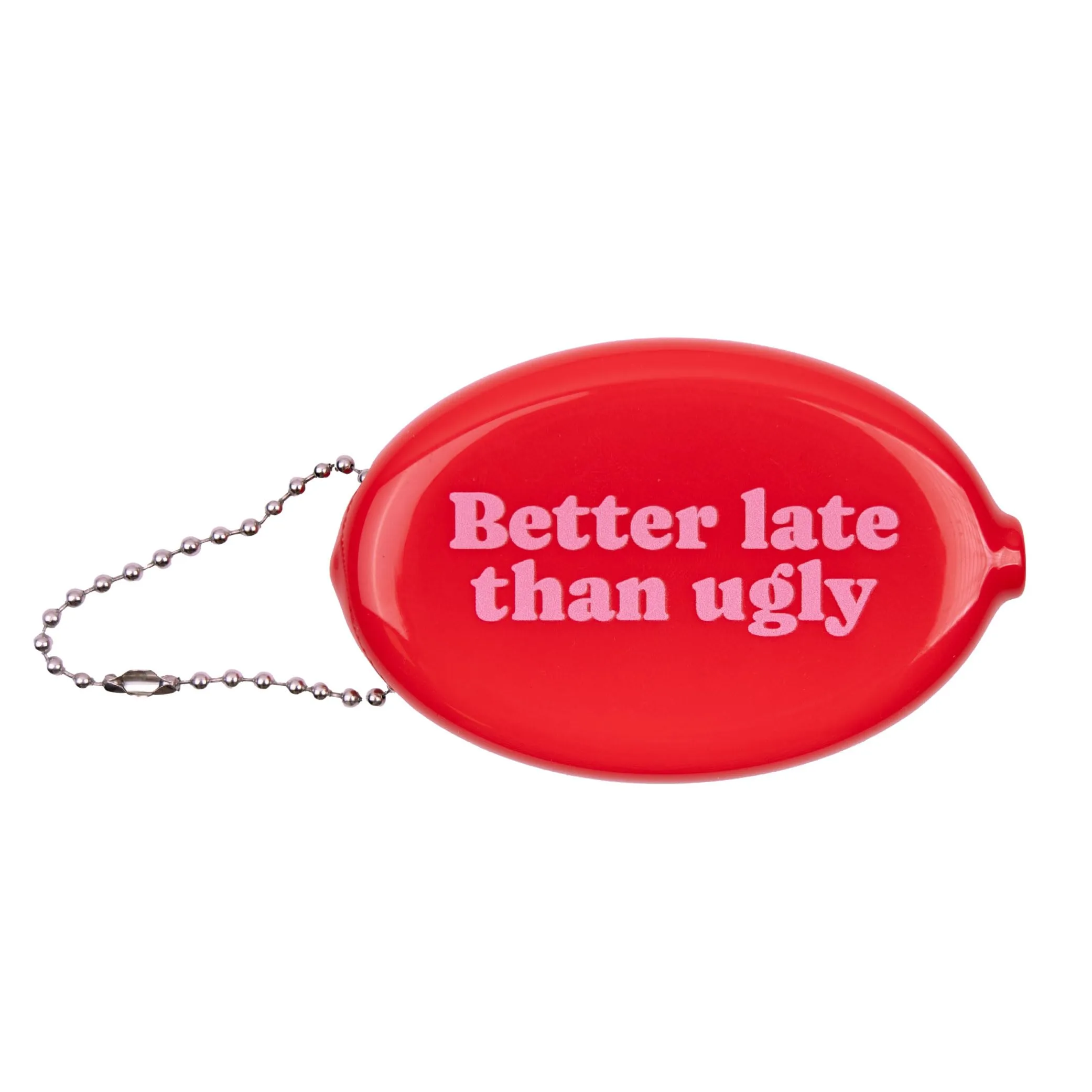 Fisura – Portamonete ovale in gomma “Better late” rosa. Portamonete retrò con catenella, mini portafoglio da tasca unisex, idea regalo originale. 1 pezzo.