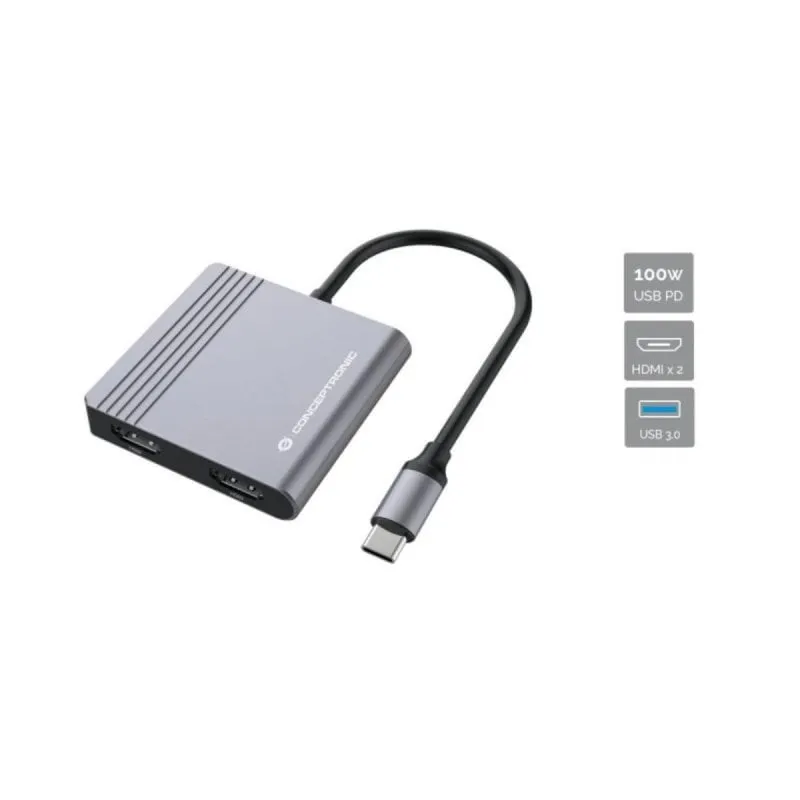 Hub Conceptronic DONN13G USB 3.2 Gen 1 Type-C 100W 4K Ultra HD Grigio