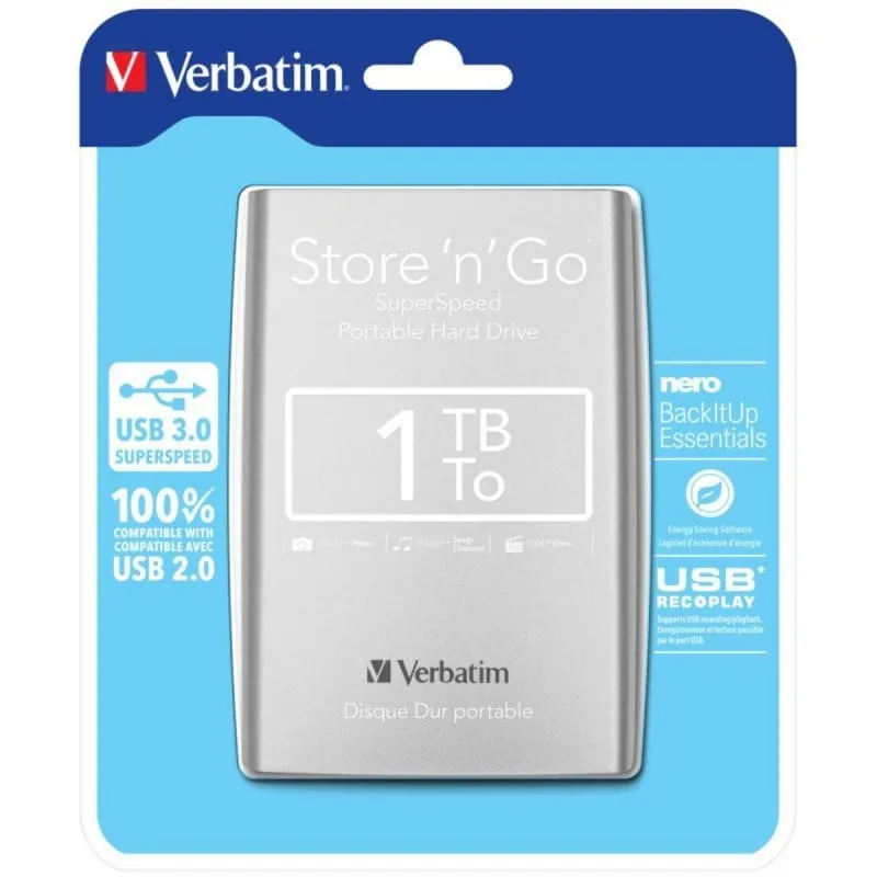 Disco Rigido Portatile Verbatim Store n Go 1 TB USB 3.2 Gen 1 Plata 2.5"
