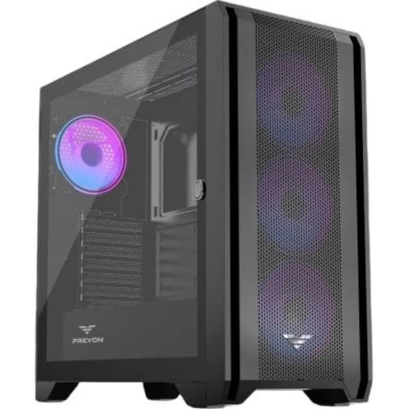 Case per PC PREYON Nest Windy+ con 4 ventole PWM ARGB da 120 mm, vetro temperato, USB-C, nero
