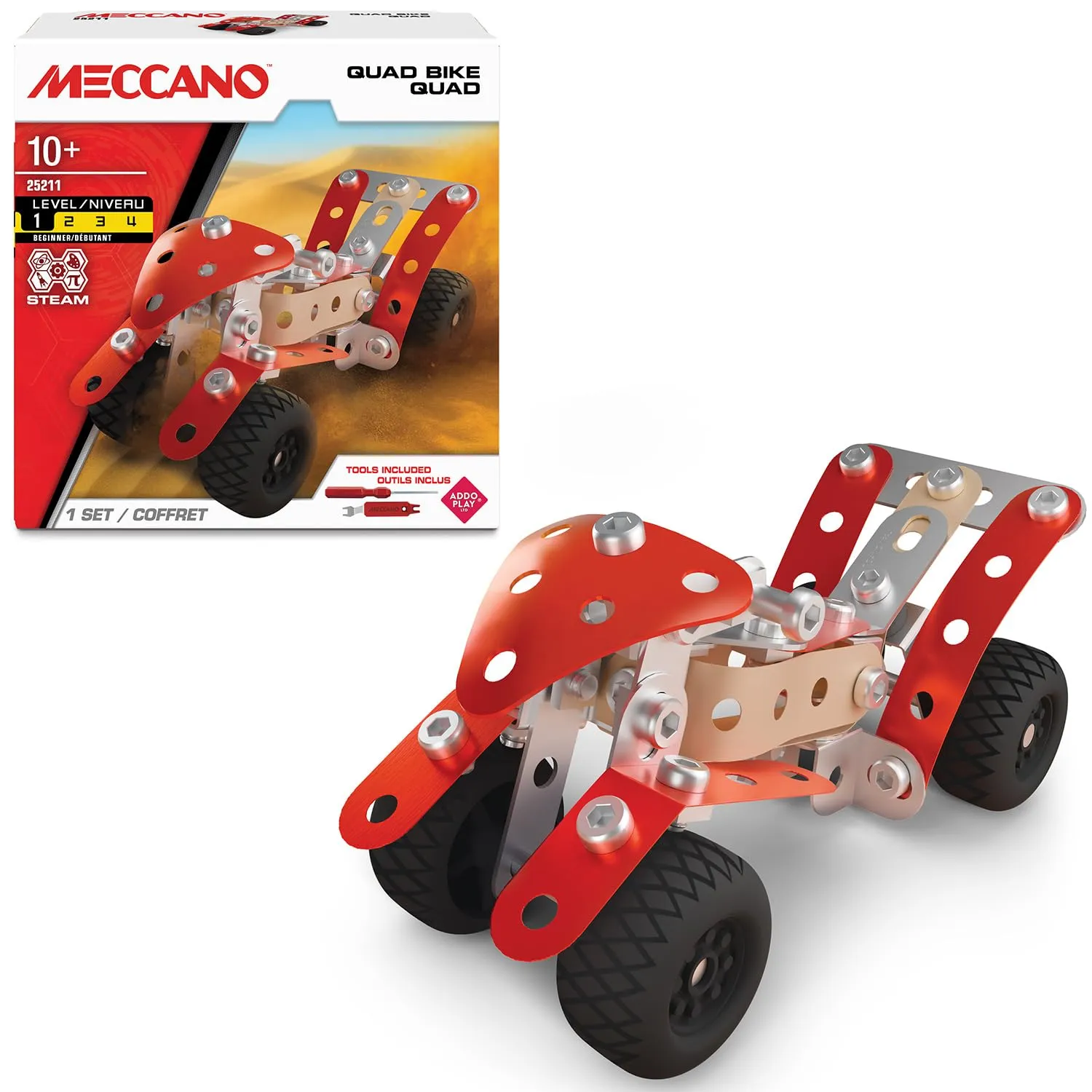 BANDAI – Meccano Quad Bike – Set di Costruzione – 85 pezzi, veri attrezzi, manuale incluso – Kit per assemblare un quad – Livello Principiante – Giocattolo per bambini dai 10 anni – APM11114