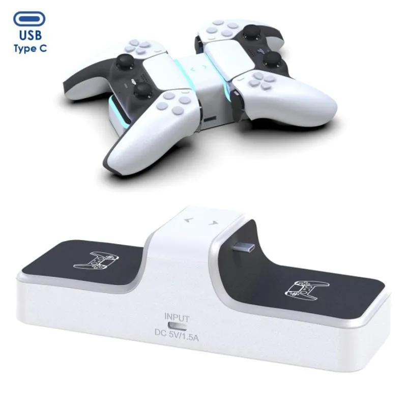 Caricatore Dual PS5 USB Tipo C LED Antiscivolo Protezione Totale