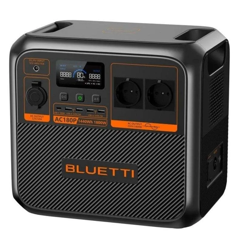 Stazione di energia BLUETTI AC180P 1440 Wh 2 porte AC 2 USB-A 1 USB-C LiFePO4 Caricatore solare Schermo LCD