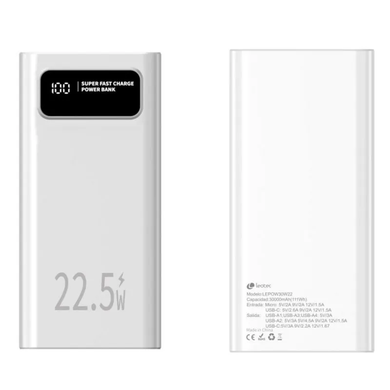 Powerbank Leotec LEPOW30W22W 30000mAh 22.5W Bianco Ricarica Rapida LCD USB-C