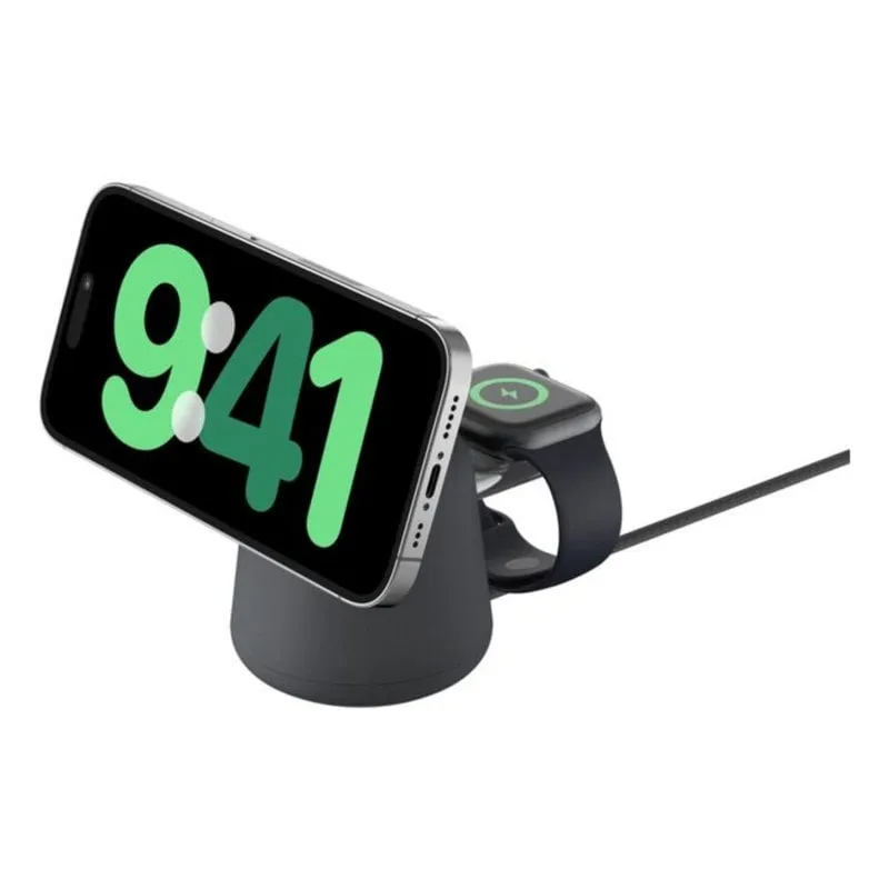 Caricatore wireless Belkin BoostCharge Pro 15W 2-in-1 Qi2 magnetico con base magnetica, alimentatore 27W, 2 dispositivi, USB-C, 1,5 m, Charcoal