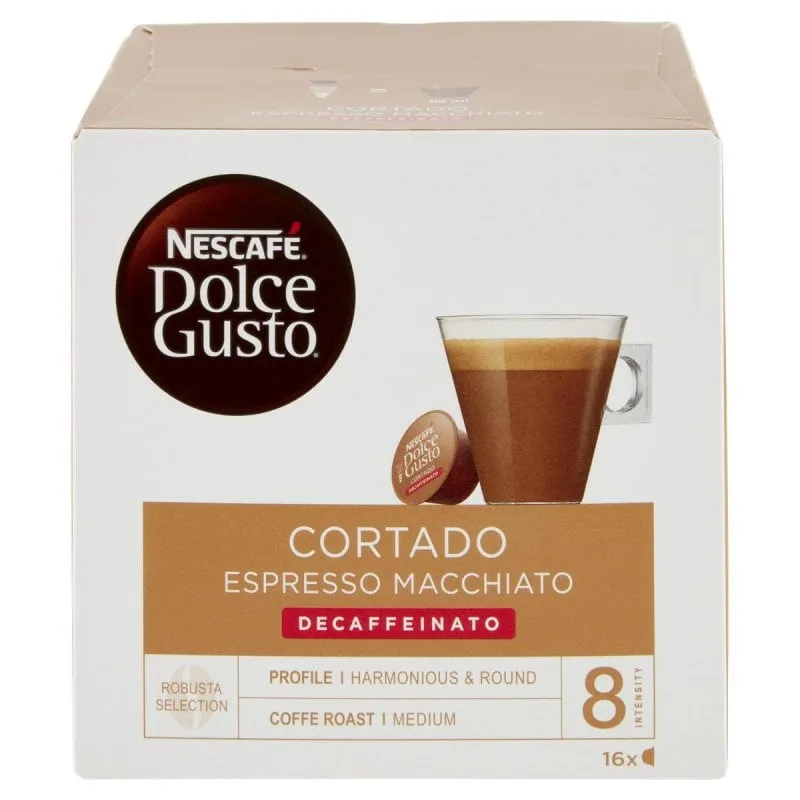 Capsula di caffè decaffeinato Nescafé Dolce Gusto Cortado Decaffeinato, Espresso, Tostatura media, 16 tazze, 8/13