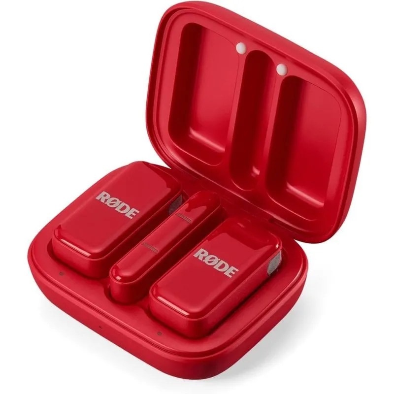 Microfono Rode Wireless Micro USB-C omnidirezionale ultracompatto con custodia caricabatterie rosso