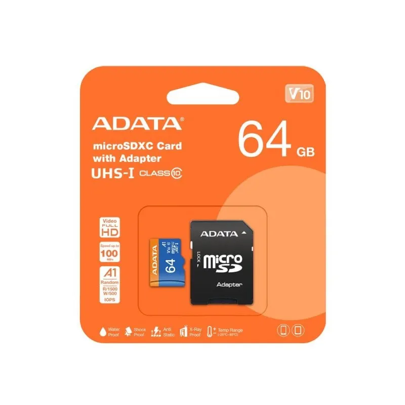 Scheda MicroSDHC ADATA 64GB UHS-I Classe 10 85MB/s SD Adapter