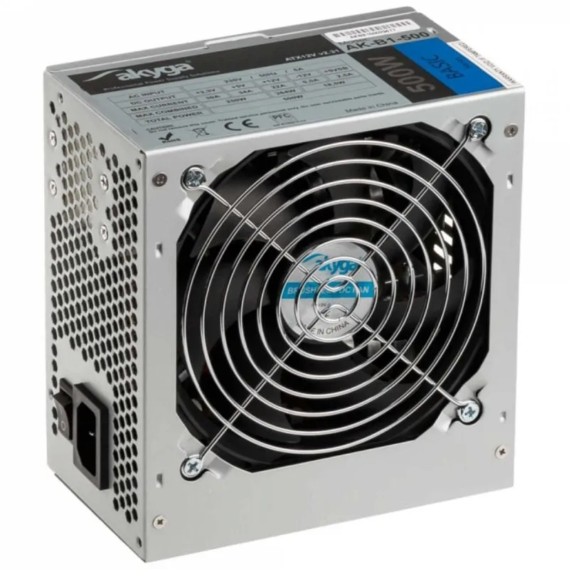 Fonte di Alimentazione Akyga 500W ATX Efficienza 70 Percento AK-B1-500 Ventola 12 cm