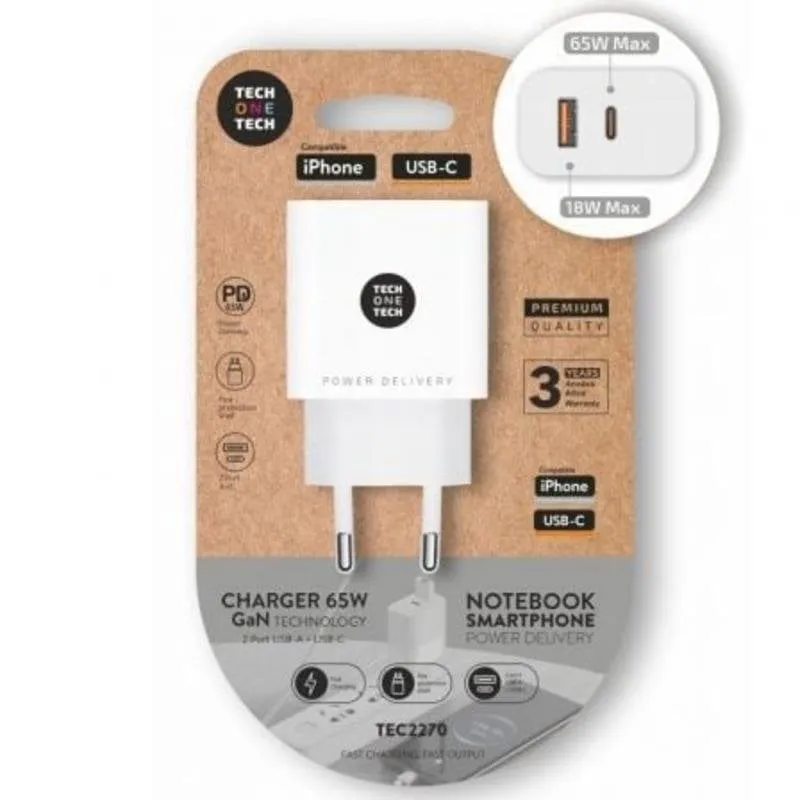 Caricatore da Parete Tech One Tech GaN TEC2270 65W USB-C USB-A Bianco