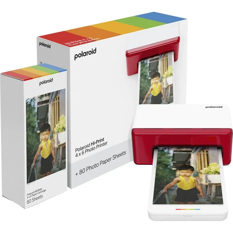 Stampante fotografica bianca Polaroid Hi·Print 4x6 con carta (80 foto)