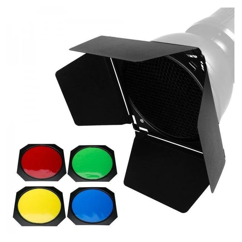 Barndoor Godox BD-04 con griglia a nido d'ape e 4 filtri colorati