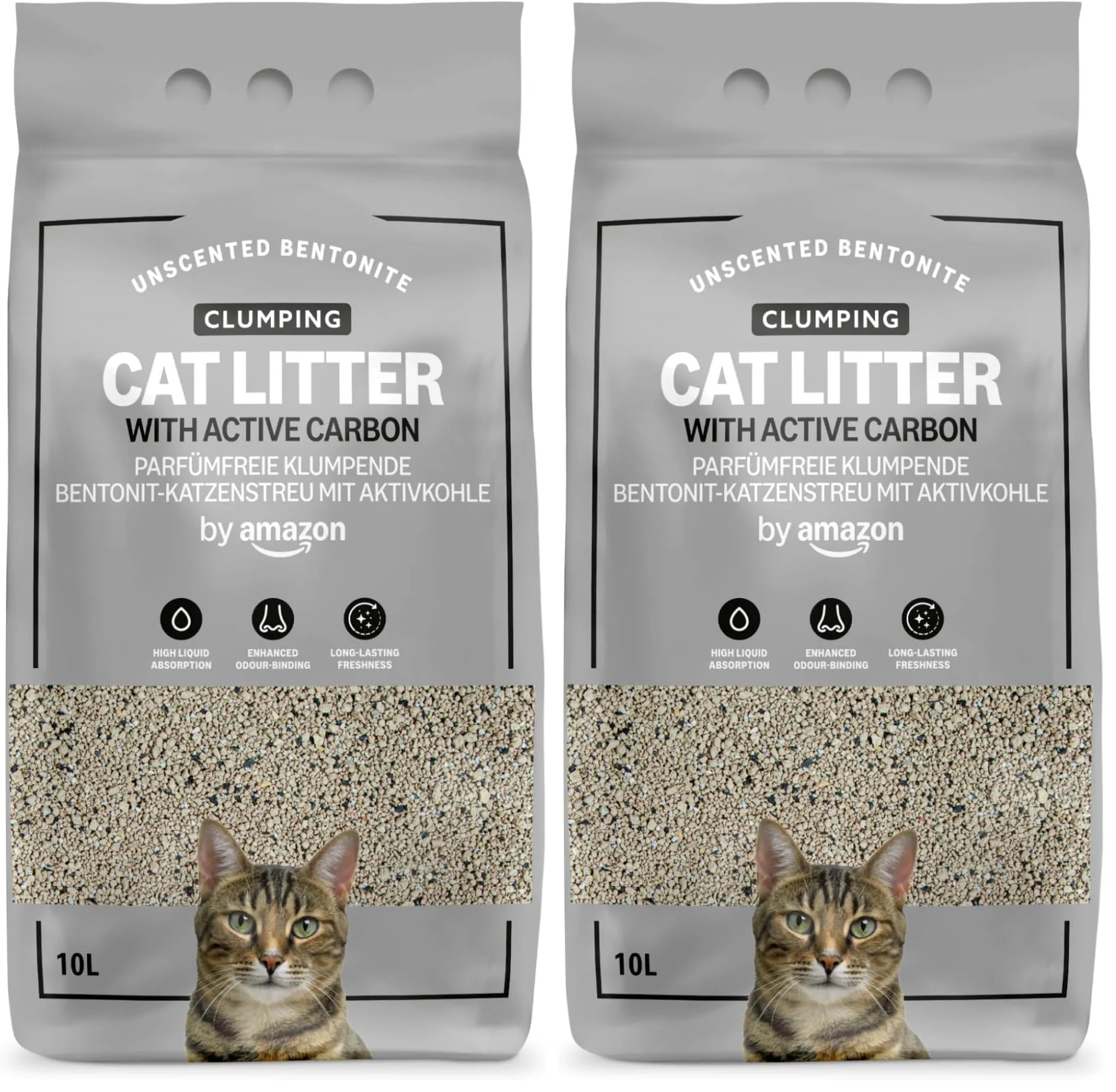 Amazon Lettiera per Gatti con Agglomerante e Carbone Attivo, Senza Profumazione, 10L (Confezione da 2)