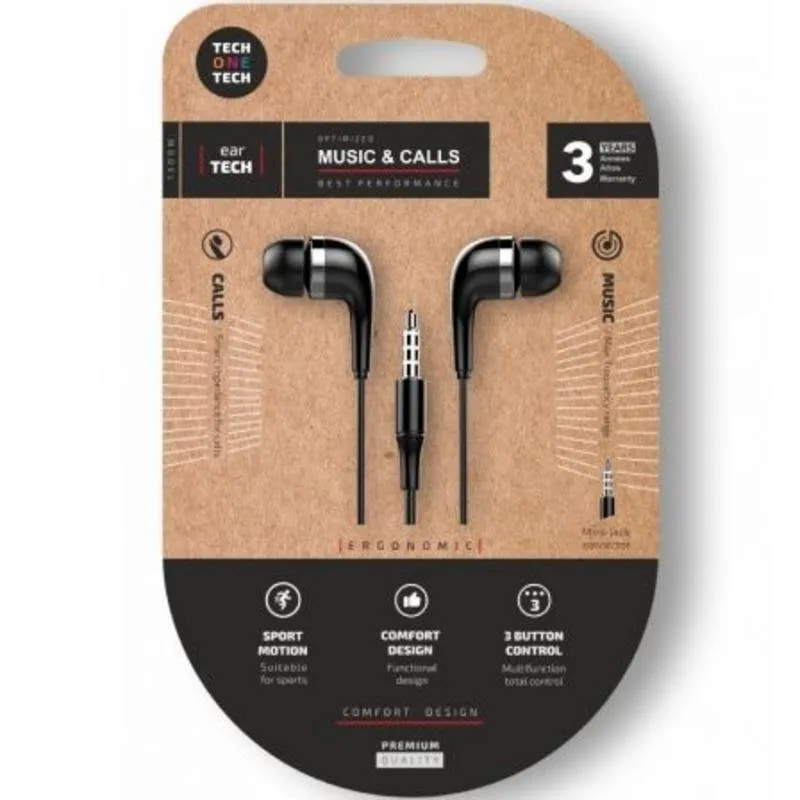 Auricolari Tech One Tech earTECH cablati Jack 3,5 mm con microfono e controlli neri