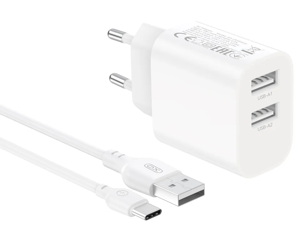 Caricabatterie da rete con cavo USB-C XO Design CE55, 12 W, 2,4 A, 2 x USB-A, bianco