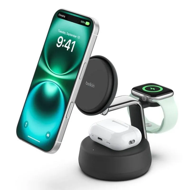 Caricatore wireless Belkin WIZ040KQCH Qi2 3 in 1 UltraCharge Pro raffreddamento attivo 25 W nero