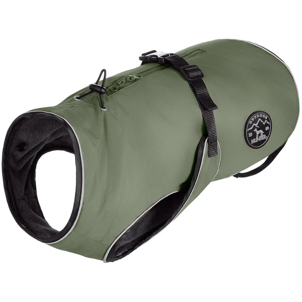 HUNTER Cappotto per cani Uppsala, colore kaki, design 2 in 1 con fodera interna sganciabile, idrorepellente, bordatura riflettente, lato addominale chiuso, vestibilità ottimale, taglia 80