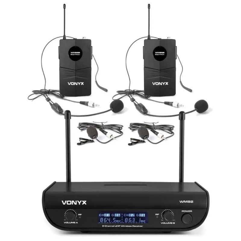 Microfono Vonyx WM82B UHF headset/lavalier doppio canale portata 50 m