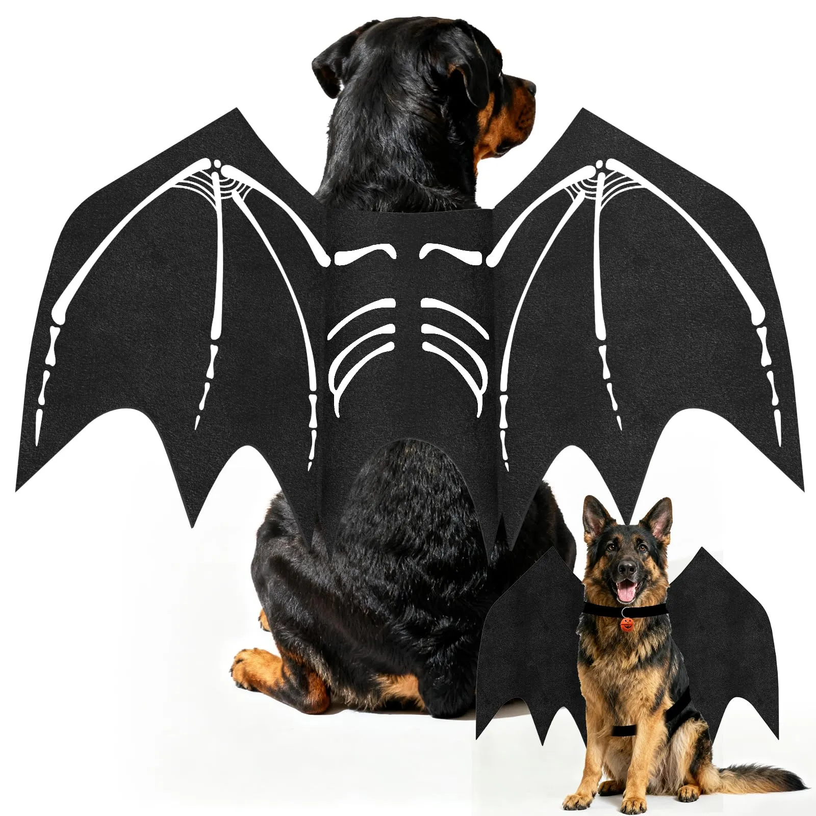 OLANRUN Costume di Halloween per cani di taglia grande, ali di pipistrello regolabili per cani di taglia grande con campana di zucca, stampa scheletro sul retro, costume per animali domestici