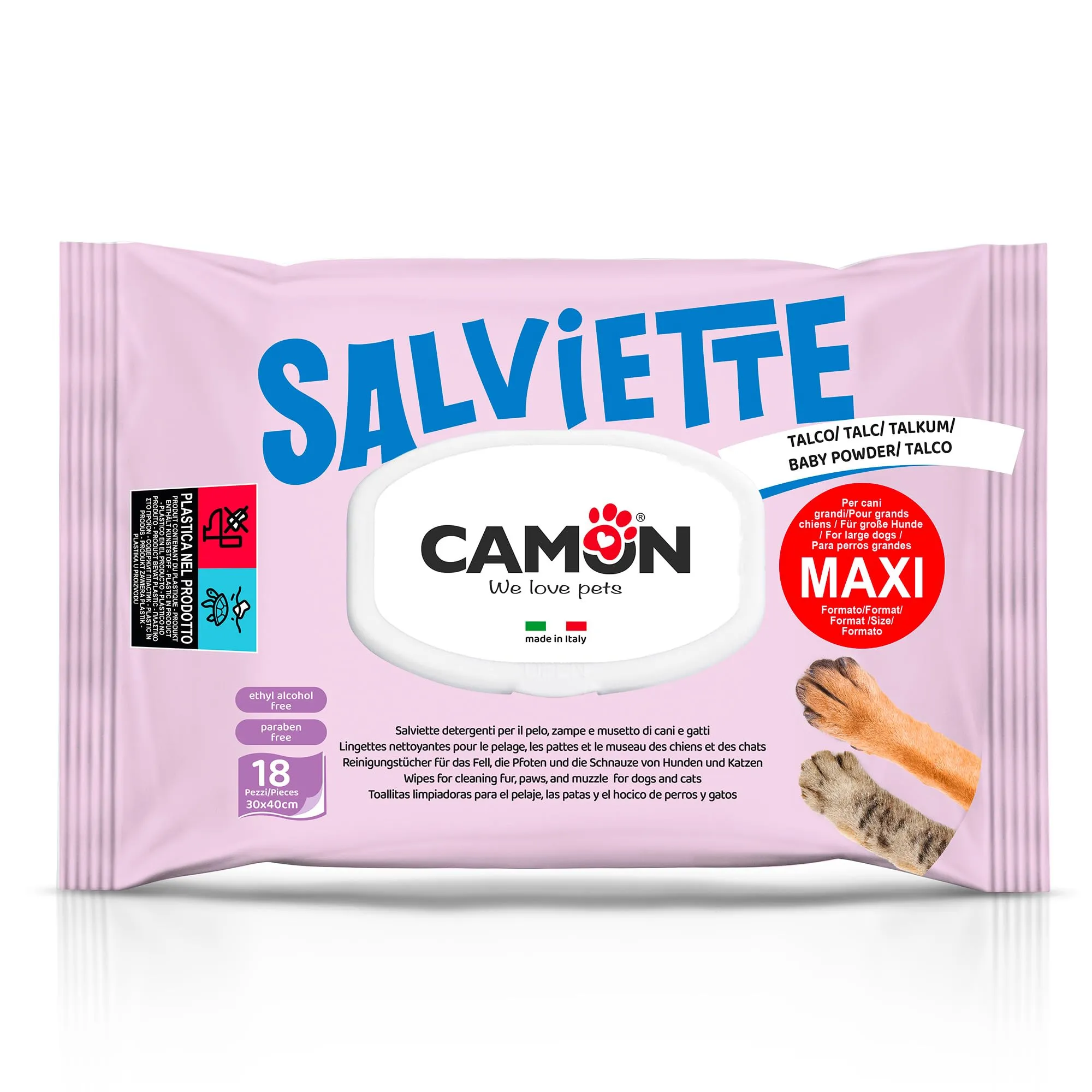 CAMON - Salviette Detergenti per Cani e Gatti, Maxi Formato 30x40 cm