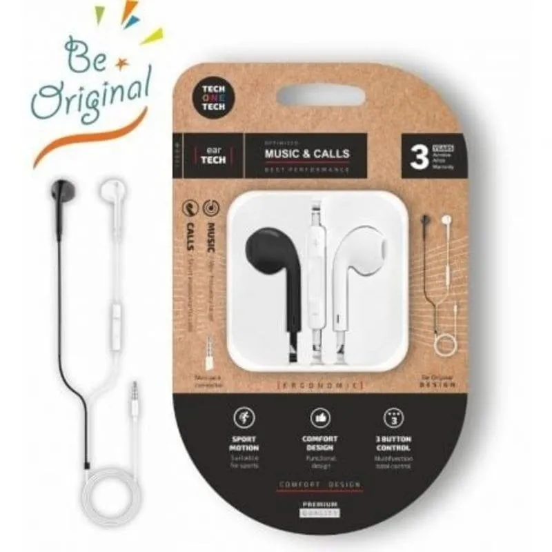 Auricolari Tech One Tech earTECH Be Original con cavo Mini Jack 3.5 mm, microfono e controlli, bianco e nero